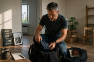 Mann Mitte 50 packt ruhig Taschen in leerer Wohnung als Symbol für echten Wandel statt Midlife Crisis