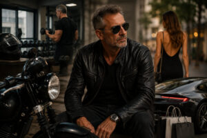 Mann Mitte 50 mit Motorrad, Lederjacke und Fitnessstudio als Symbol für Midlife Crisis Männer