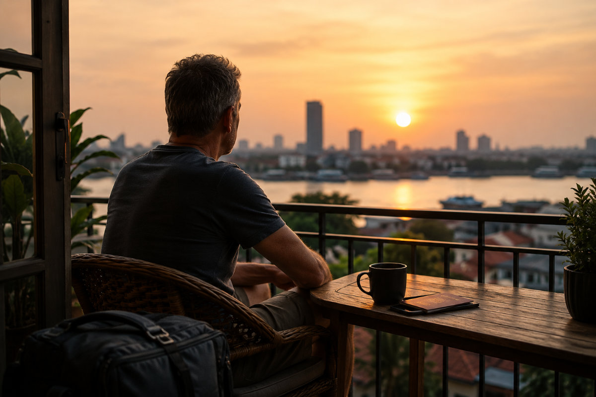 Mann Mitte 50 sitzt nachdenklich auf Balkon mit Blick auf südostasiatische Stadt bei Sonnenuntergang