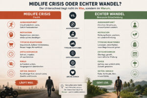 Infografik Vergleich zwischen Midlife Crisis Männer und echtem Wandel in der Lebensmitte