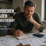 Notgroschen aufbauen. Mann sitzt nachdenklich am Küchentisch mit Rechnungen und Taschenrechner und plant seinen finanziellen Neustart