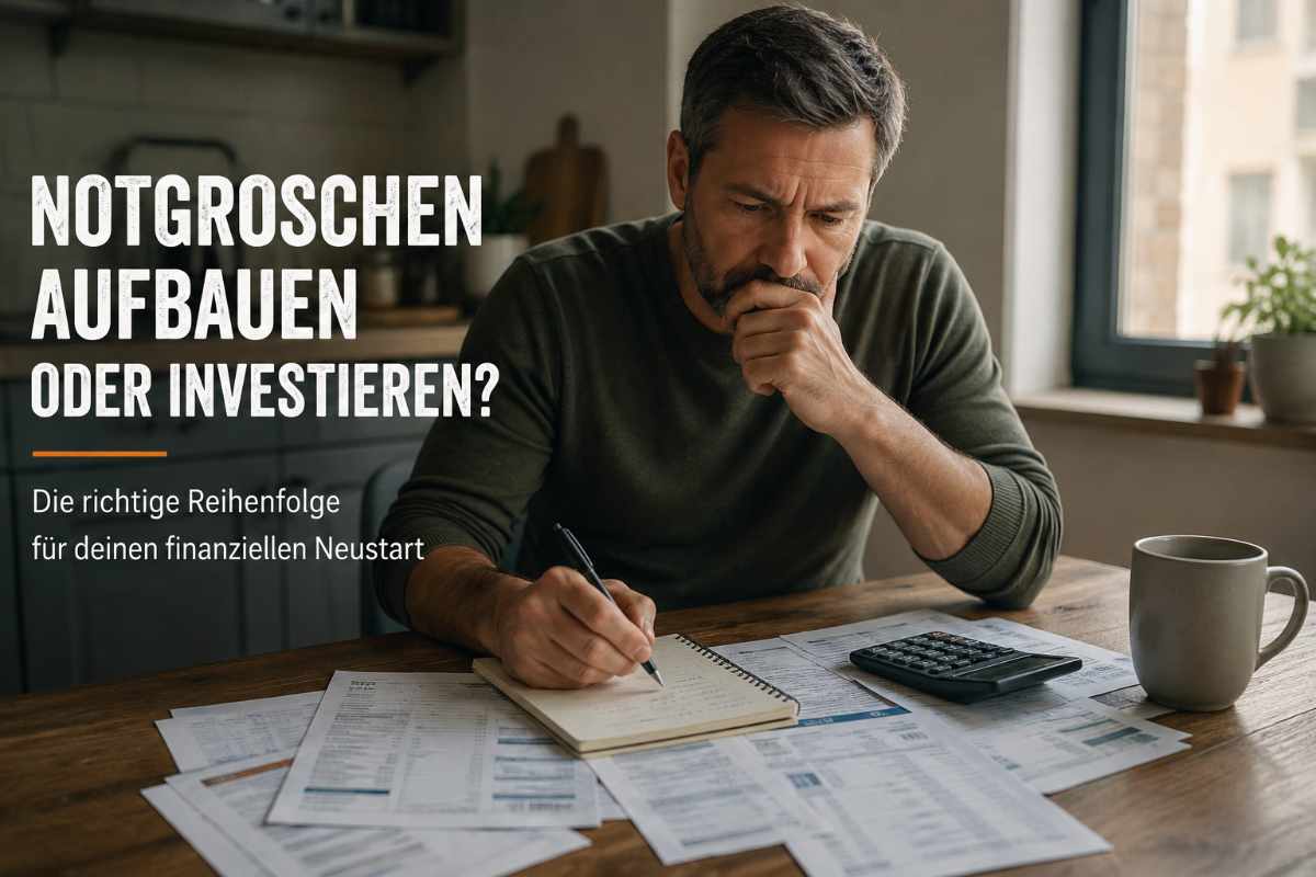 Notgroschen aufbauen. Mann sitzt nachdenklich am Küchentisch mit Rechnungen und Taschenrechner und plant seinen finanziellen Neustart