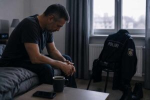 Erschöpfter Polizeibeamter sitzt morgens auf der Bettkante und blickt auf seine Dienstuniform – Symbolbild für Polizei Burnout