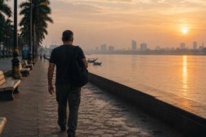 Mann läuft am frühen Morgen allein an einer Uferpromenade in Phnom Penh entlang – Symbolbild für Neustart nach Polizei Burnout
