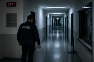 Erschöpfter Polizeibeamter läuft nachts allein mit Kaffee durch einen leeren Polizeiflur – Symbolbild für Polizei Burnout und Schichtdienst