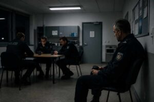 Mehrere müde Polizeibeamte sitzen schweigend im Aufenthaltsraum – Symbolbild für emotionale Isolation und Polizei Burnout