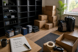 Sachen verkaufen vor der Auswanderung – fast leeres Zimmer mit Kartons und gepacktem Koffer