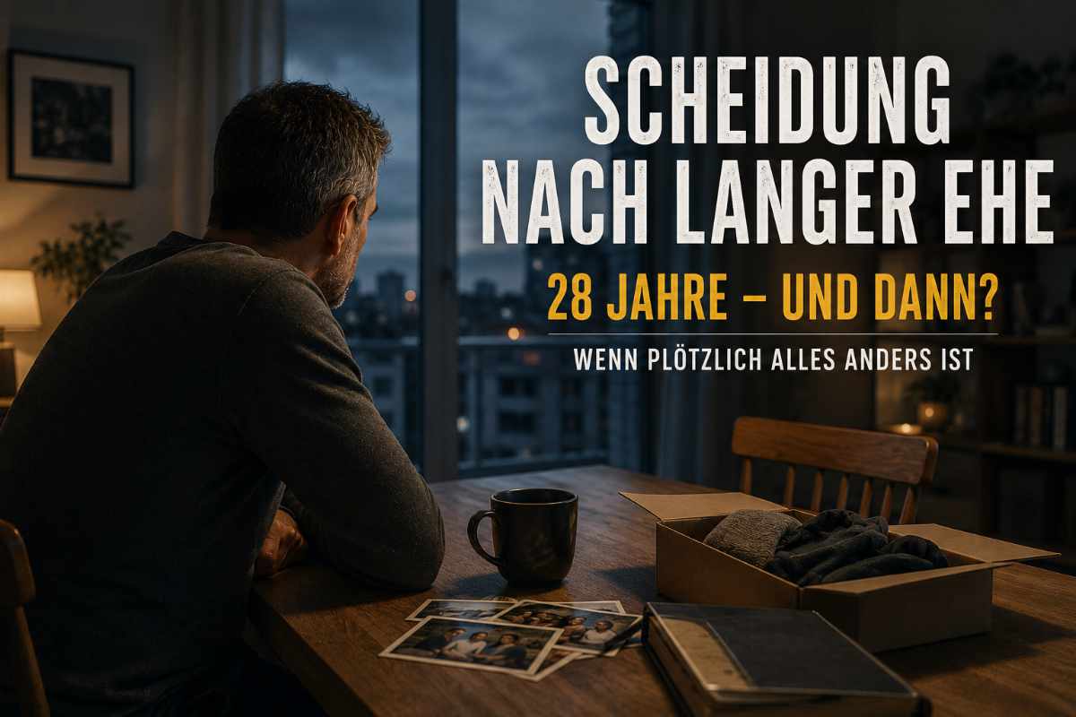 Nachdenklicher Mann sitzt abends allein am Küchentisch mit alten Familienfotos und Umzugskarton – Symbolbild für Scheidung nach langer Ehe und einen stillen Neuanfang.