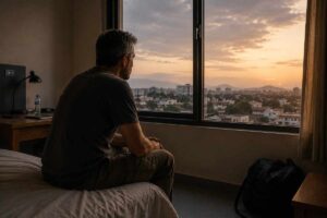 Mann sitzt allein in einem schlichten Zimmer im Ausland und blickt nachdenklich aus dem Fenster – Symbolbild für Scheidung nach langer Ehe und innere Distanz.