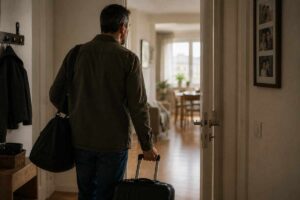 Mann verlässt mit Tasche und Koffer ruhig eine Wohnung – Symbolbild für Scheidung nach langer Ehe und einen stillen Neuanfang.